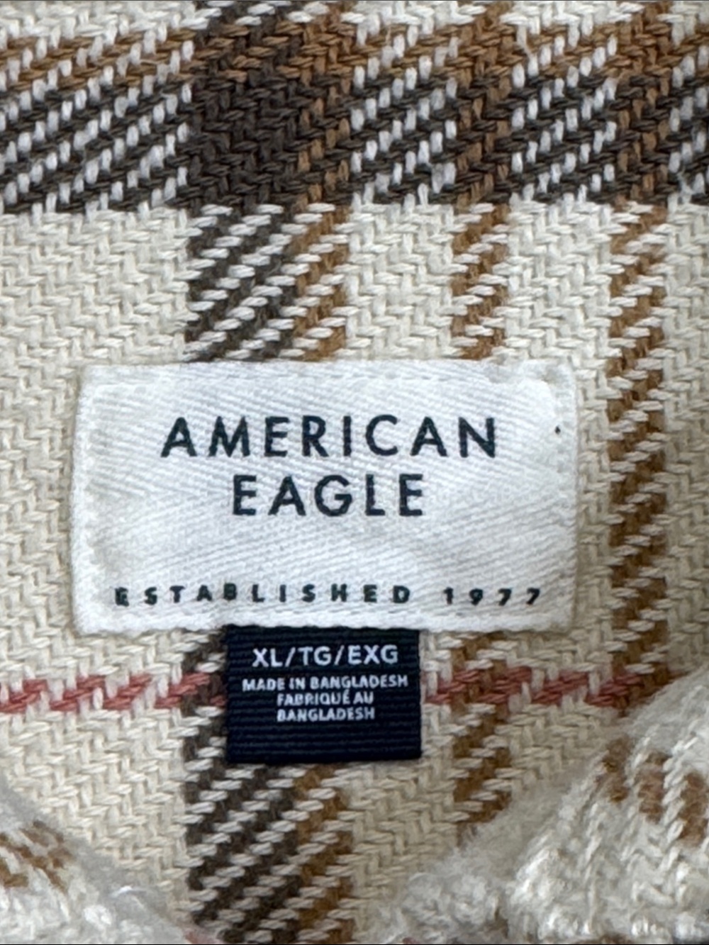 AMERICAN EAGLE HOODED FLANNEL SHIRT FROSTY CREAM PLAID BAJA BUTTON UP SHACKET - Picture 12 of 13